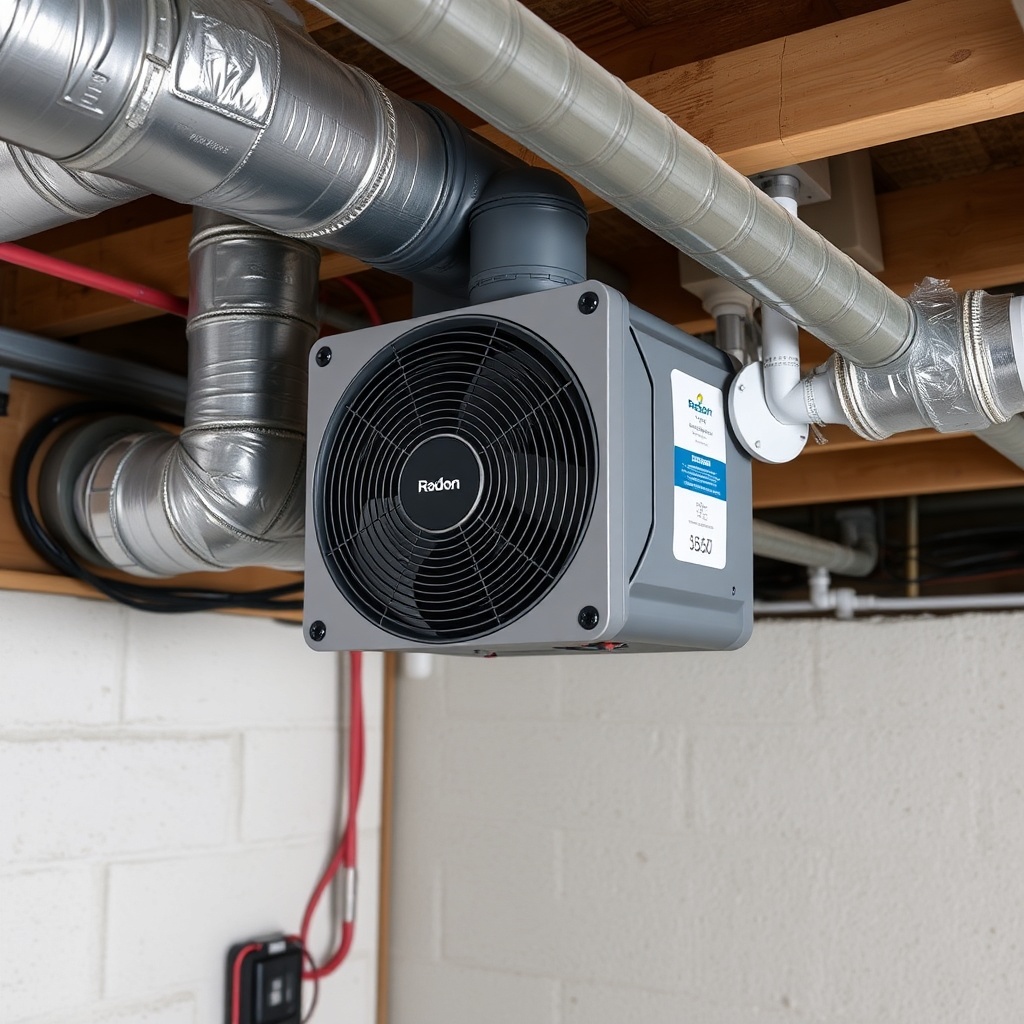 Photorealistic photo of a RadonClear Whole-Home System fan unit connected to an HVAC retur