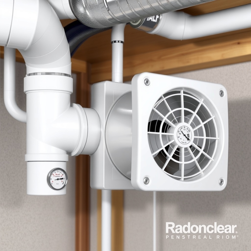 Photorealistic image of a RadonClear fan installed in a utility room with HVAC ductwork co