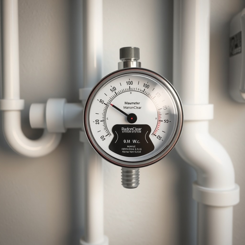 A clean photorealistic photo of a RadonClear Whole-Home System manometer mounted on a wall