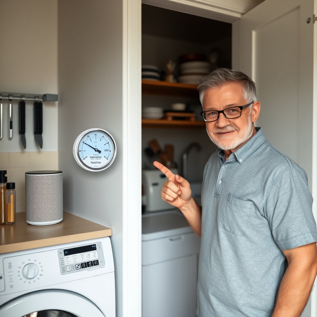 A clean photorealistic photo of a UK homeowner pointing at a RadonClear Whole-Home System