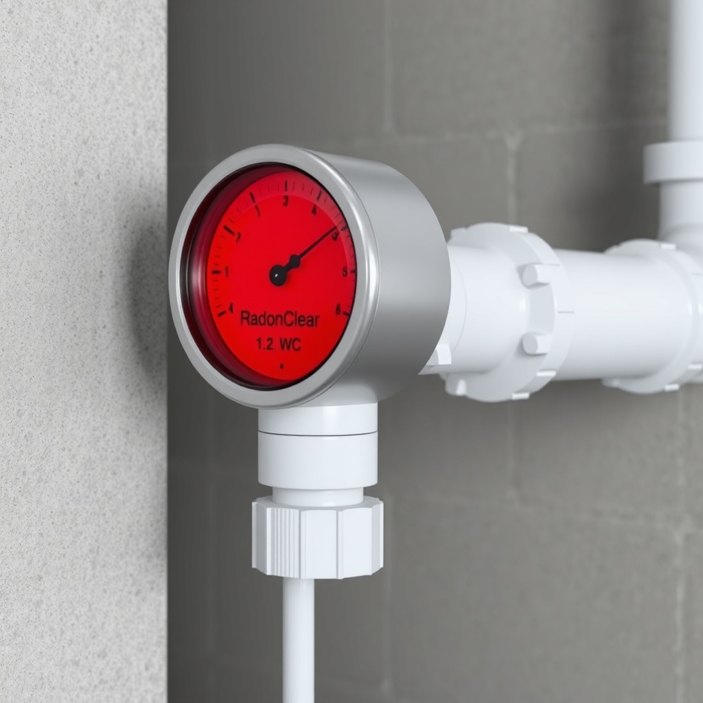 <clean photorealistic photo/illustration of a RadonClear manometer attached to white PVC v