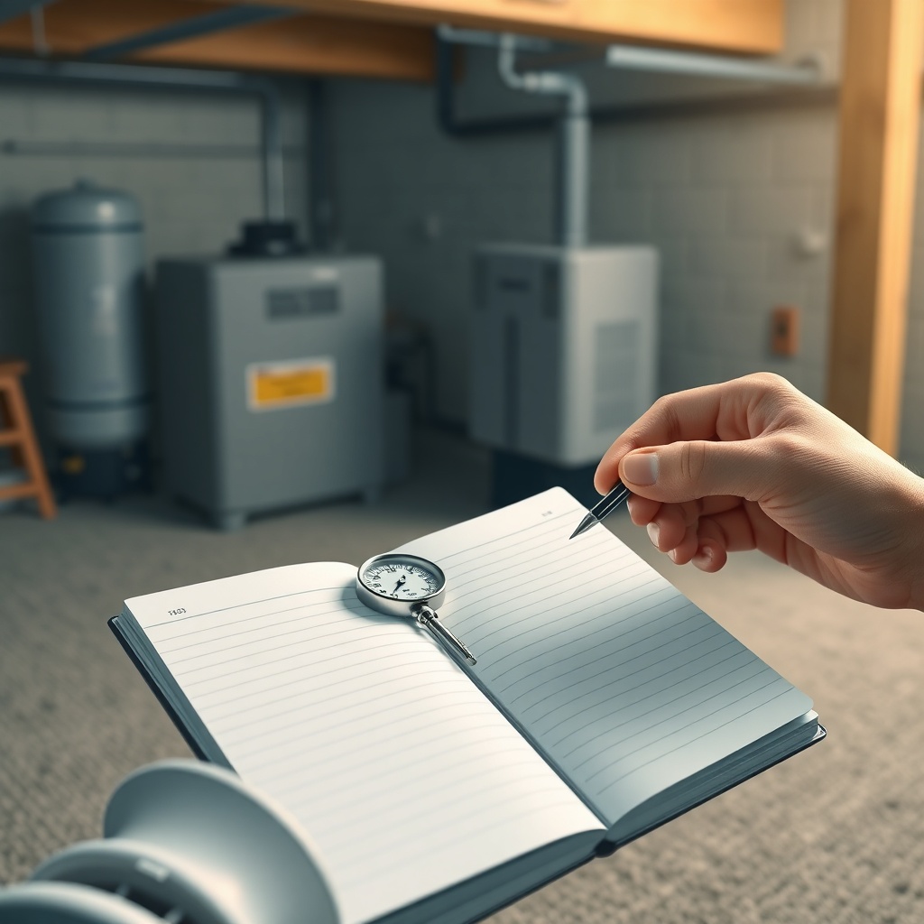 <clean photorealistic photo/illustration of a homeowner's hand logging manometer reading i