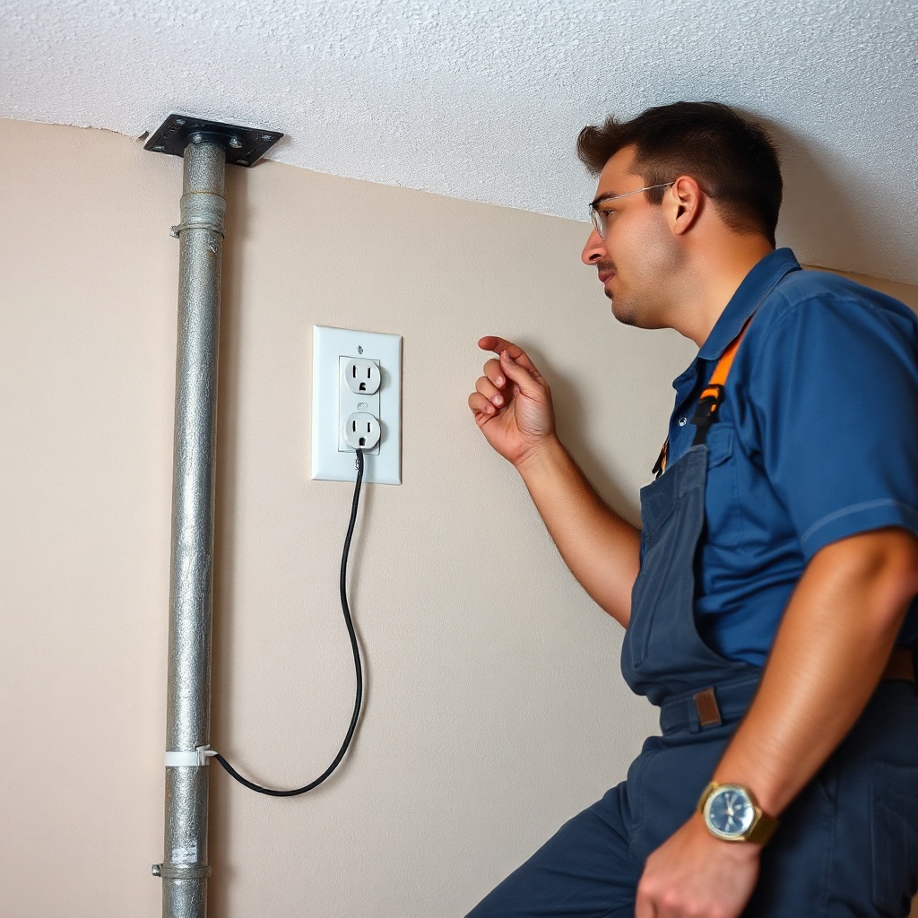 <clean photorealistic photo/illustration of a licensed electrician installing a GFCI outle