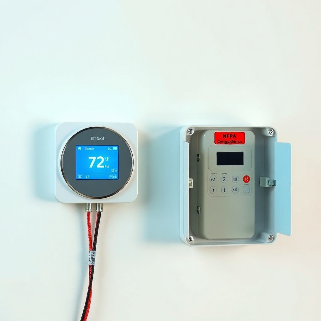 <clean photorealistic photo/illustration of a smart thermostat wall unit next to a RadonCl