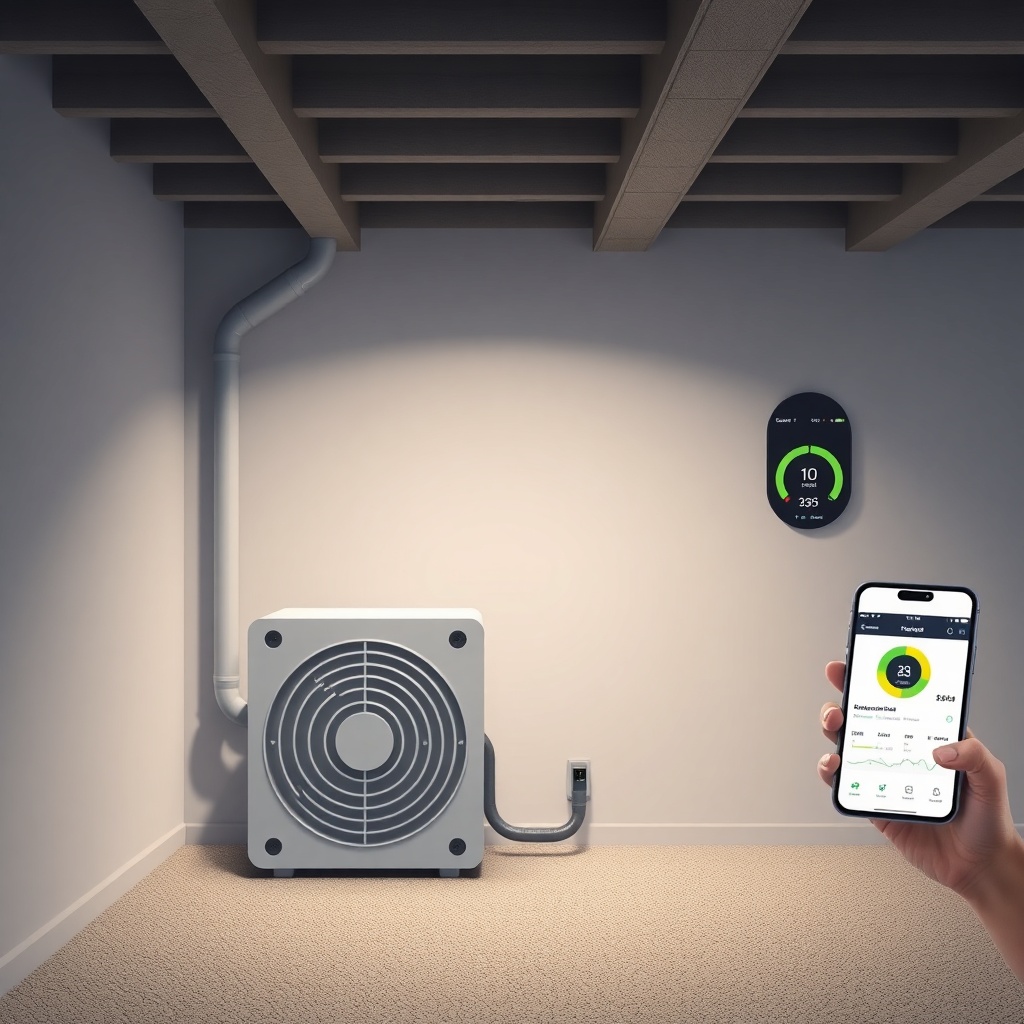<clean photorealistic photo/illustration of a modern UK home basement showing RadonClear f
