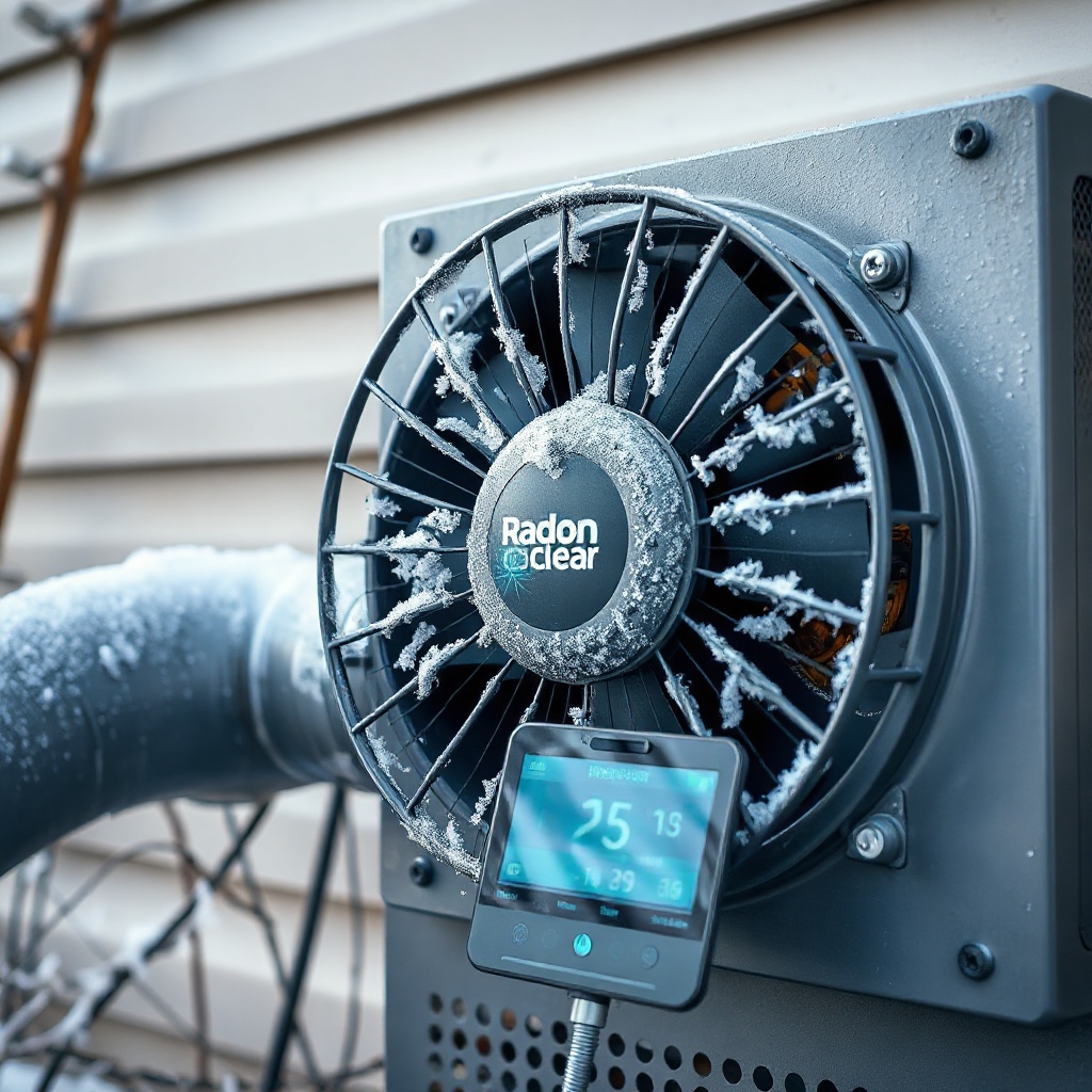 <clean photorealistic photo/illustration of a RadonClear system fan with frost on intake p