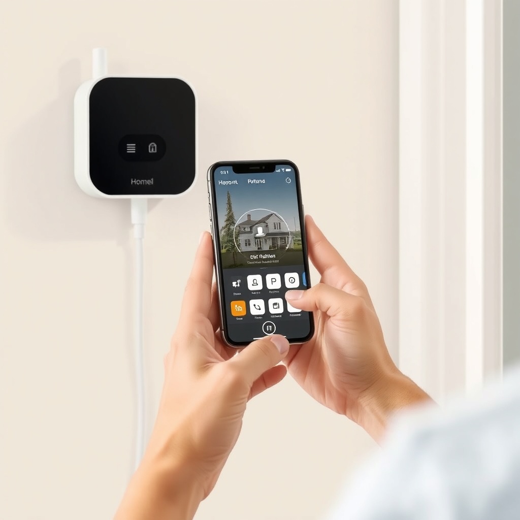<clean photorealistic photo/illustration of a homeowner pairing a RadonClear system with a