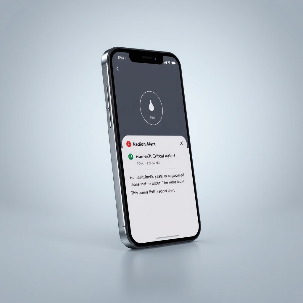 <clean photorealistic photo/illustration of an iPhone showing a HomeKit critical alert wit