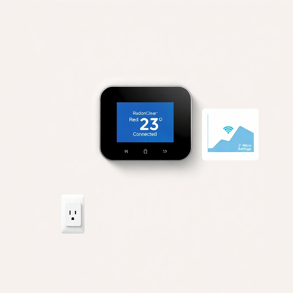 A clean photorealistic illustration of a modern living room wall with a smart thermostat t