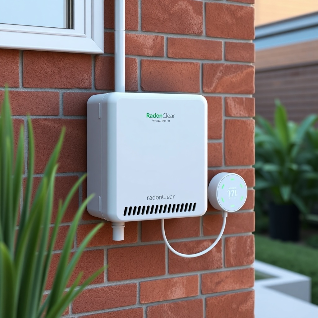 A clean photorealistic photo of a RadonClear whole-home system unit mounted on an exterior