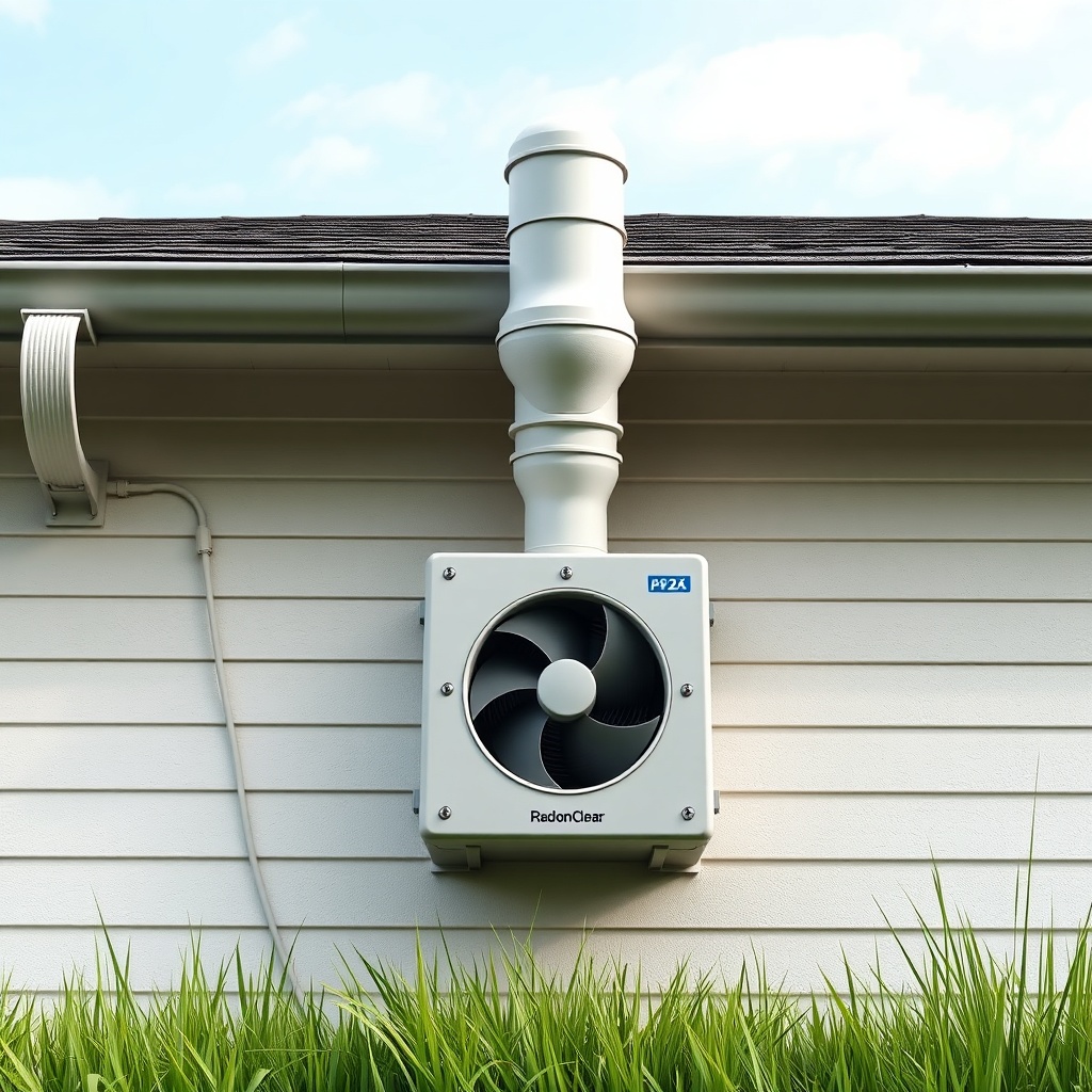 A clean photorealistic photo of a RadonClear fan unit mounted on an exterior wall