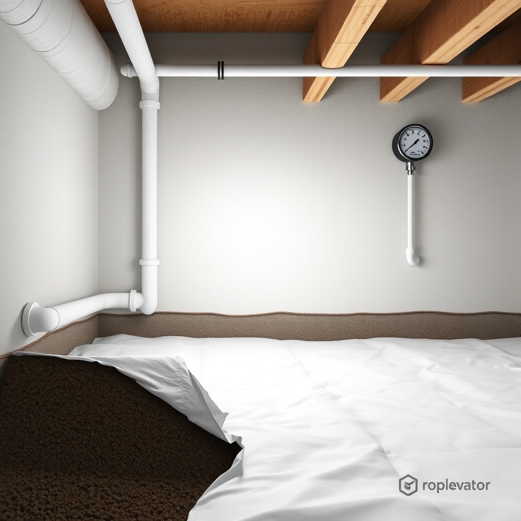 A clean photorealistic photo of a crawl space interior with a vapor barrier covering the g
