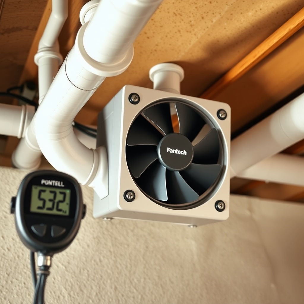 A clean photorealistic photo showing a close-up of a Fantech RN1 fan connected to PVC pipi