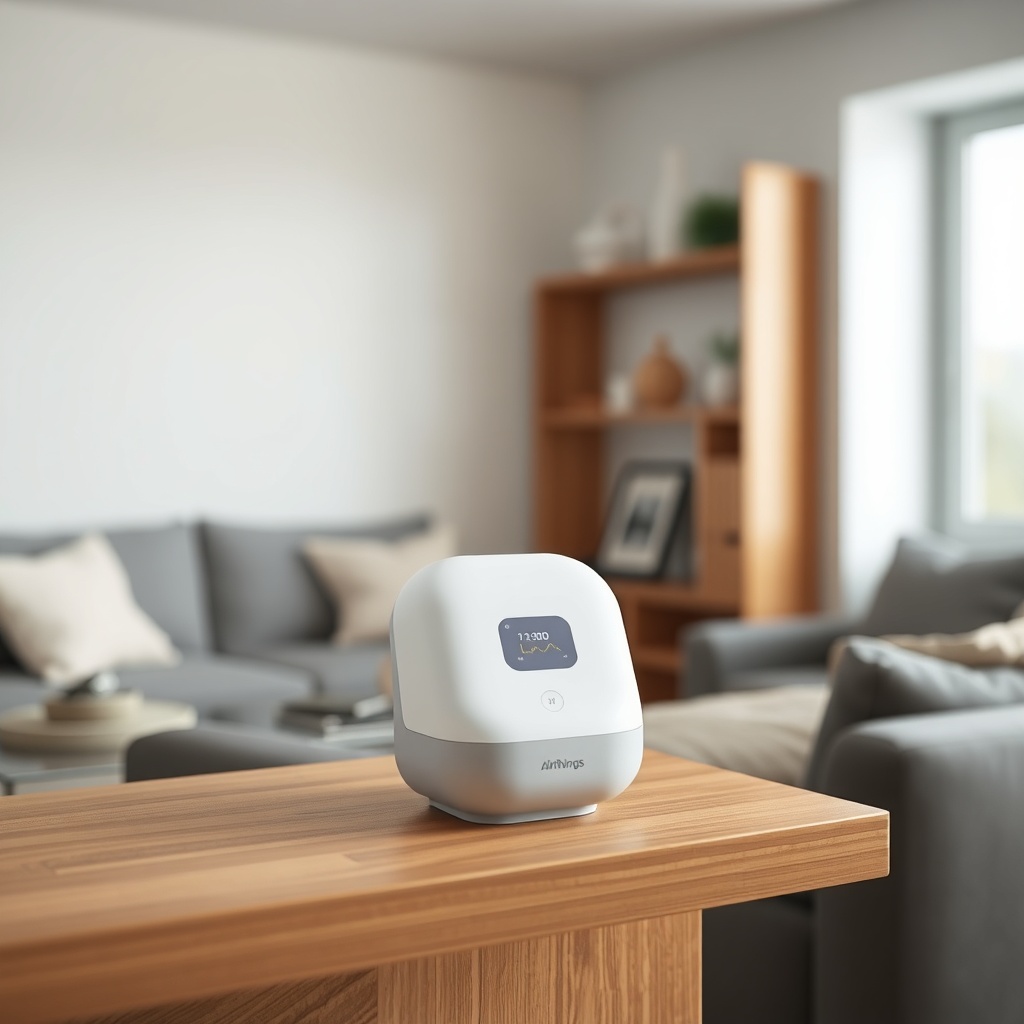 A photorealistic photo of an Airthings Wave Plus device sitting on a wooden shelf in a liv