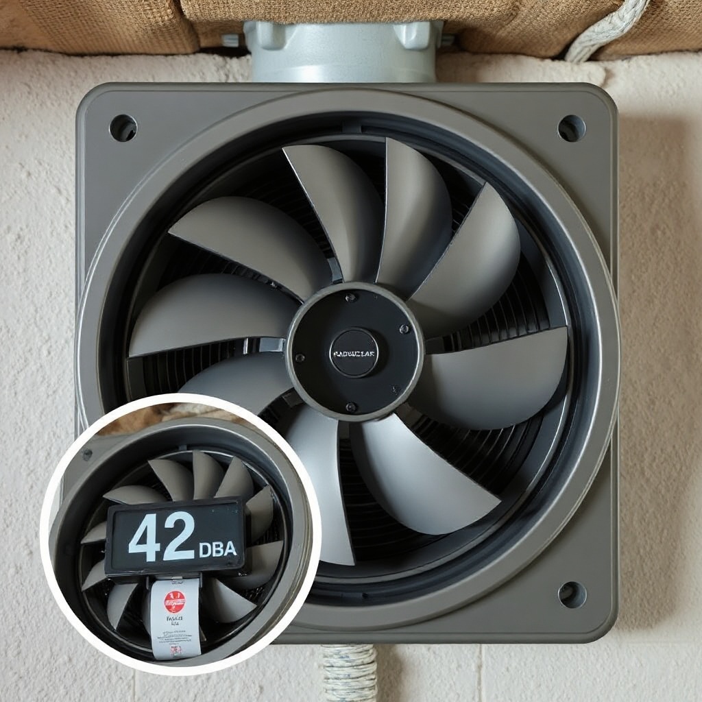 A clean photorealistic close-up of a RadonClear Whole-Home System fan mounted on a basemen