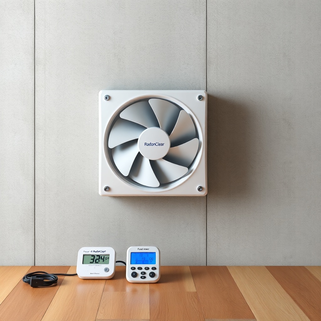 A clean photorealistic photo showing a RadonClear Whole-Home System fan installed with vib