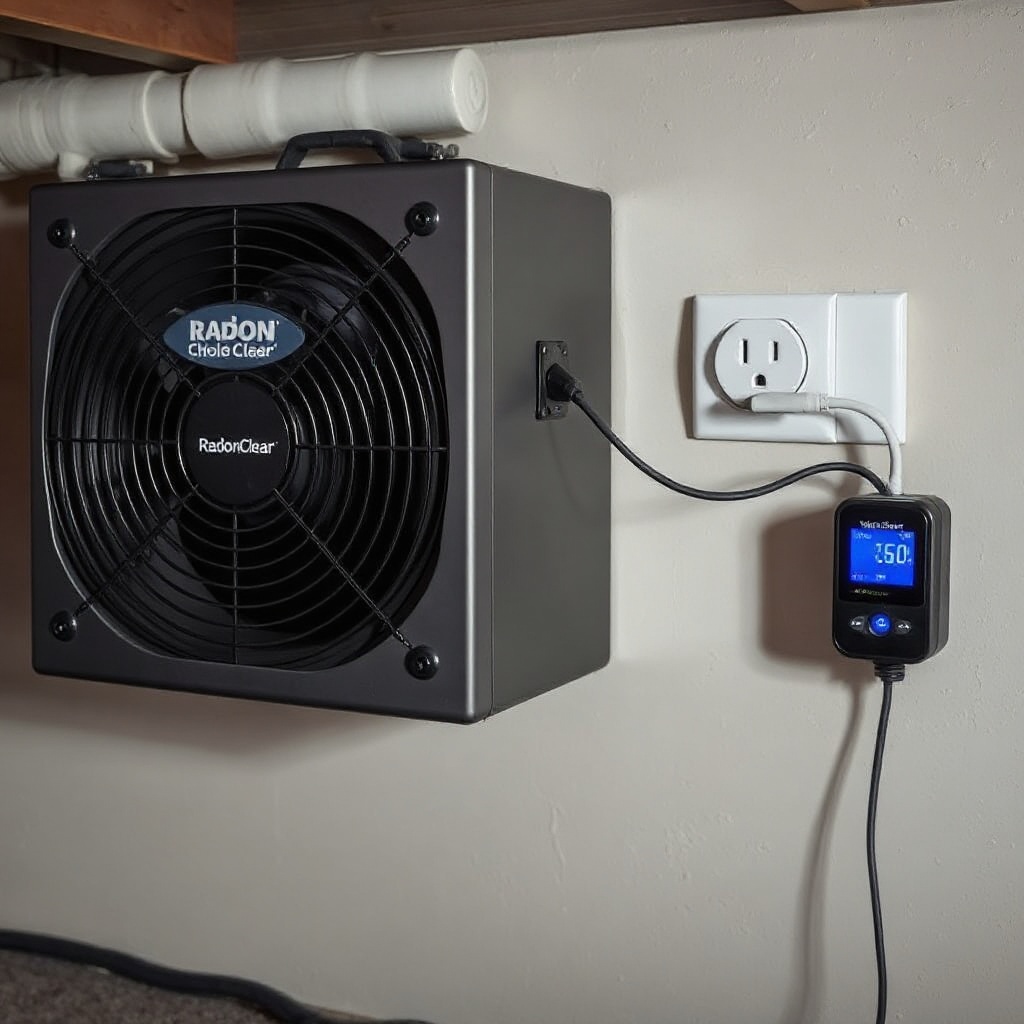 A clean photorealistic photo of a RadonClear Whole-Home System fan unit installed in a bas