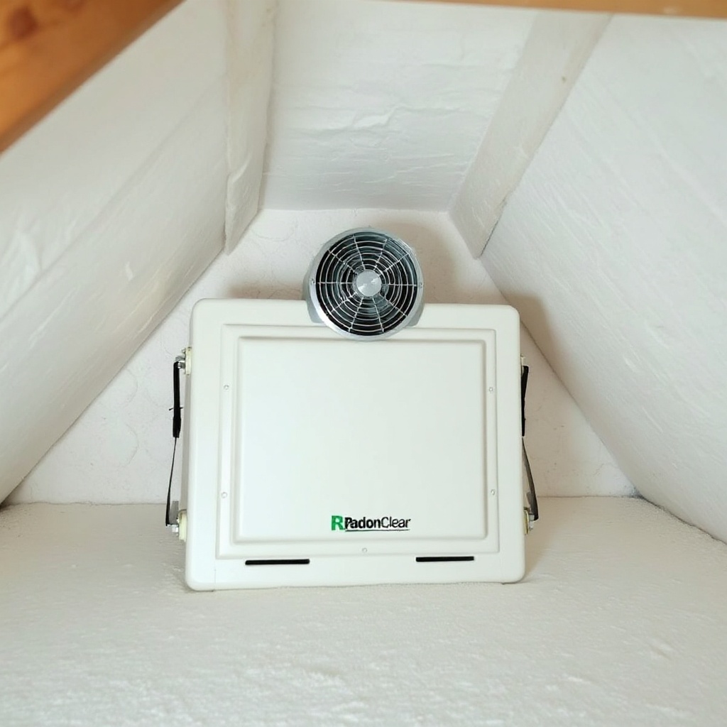 <clean photorealistic photo of a RadonClear fan unit in an attic